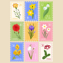 Set of Vector Postage Stamps Illustrations with Spring Flowers. Hand drawn flourish elements. Cute and fancy backdrop for textile, banner, greeting card, invitation, wrapping, scrapbooking, web