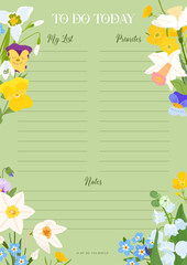 Spring to do list planner, schedule with viola, myosotis and daffodil flowers on green background. Seasonal Floral Vector Illustration