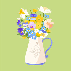 Bouquet of spring flowers in white vase jug isolated on green background. Cute seasonal botanical vector illustration for cover, picture, card, poster