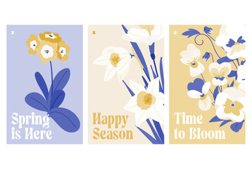 Collection of pastel spring greeting cards vector set. Elegant floral background with garden flower and leaves. Vertical poster or flyer, cover, print