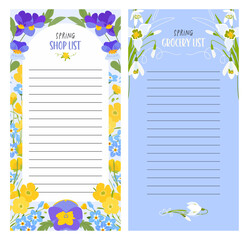 Spring shop  or grocery list template on blue background. Vector illustration in springtime design with myosotis, narcissus, daffodil, buttercup flowers for planner, memory, notes page concept