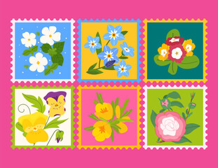 Set of post stamps with different spring flowers, leaves isolated on pink background. Cute and fancy backdrop for textile, banner, greeting card, invitation, wrapping, scrapbooking, web