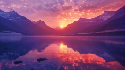 Magic sunrise scene on mountains lake. AI generated - obrazy, fototapety, plakaty