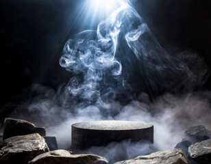 Podium of rocks in mystical and dramatic environment. Smoke and fog in the dark with central spotlight.