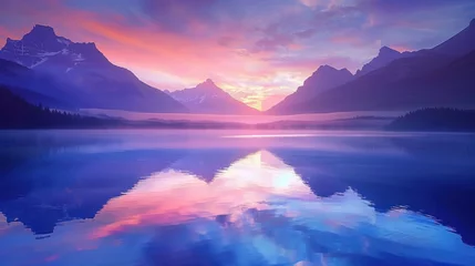 Fotobehang Magic sunrise scene on mountains lake. AI generated © haizah