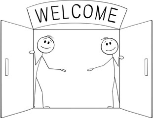 Welcoming and go inside or enter door with welcome sign, vector cartoon stick figure or character illustration.