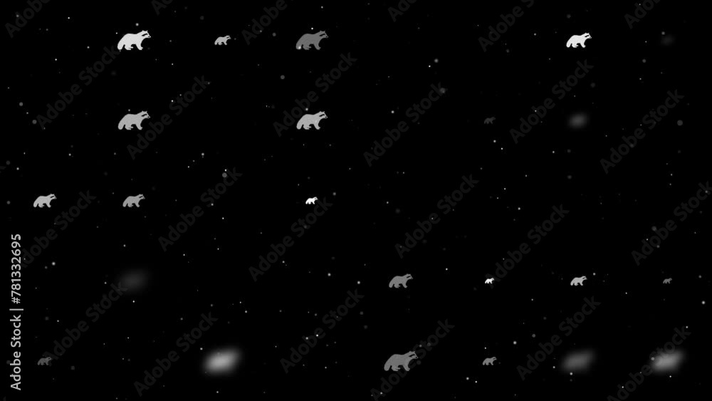 Poster template animation of evenly spaced raccoon symbols of different sizes and opacity. animation of tra