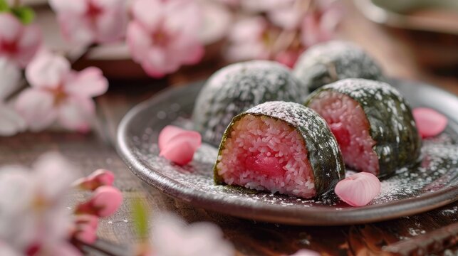 Delicate Sakura Mochi in Traditional Japanese Tea House During Cherry Blossom Season