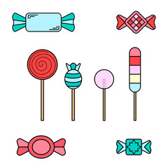 Candy vector icon. Flat colorful set of sweets logo with lines. Candies in thin style.