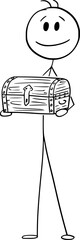 Happy person holding treasure chest, vector cartoon stick figure or character illustration.