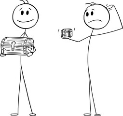 Holding treasure chest, small and big reward, wealth or money, vector cartoon stick figure or character illustration.