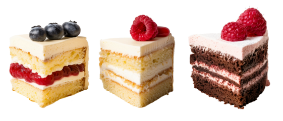 Set of assorted cake slices isolated on transparent background