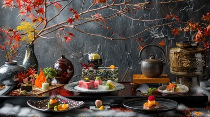 Refined Elegance of Kanazawa s Kaiseki Cuisine Exquisite Lacquerware Showcasing Seasonal Dishes and Rich Culinary Heritage - obrazy, fototapety, plakaty