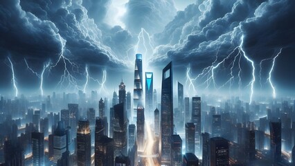 A futuristic metropolis engulfed in a storm
