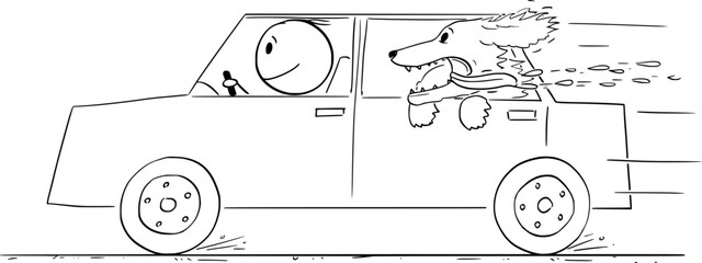 Adventure and dog in the car, vector cartoon stick figure or character illustration.