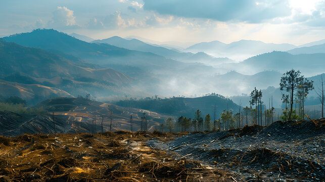 A deforested landscape, with barren hillsides as the background, during illegal logging activities