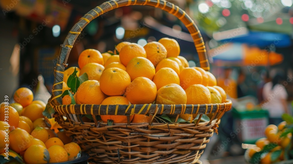 Wall mural A basket of oranges on a table