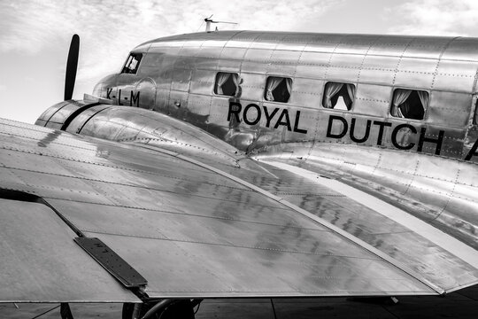 LELYSTAD, NETHERLANDS AUG 30 2009: Vintage aircraft Douglas DC-2 "Uiver" of the KLM airline at Fly inn
