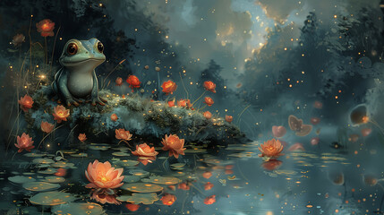 frog in the pond, whimsical illustration of imaginative landscape, ideal for children's books, fantasy-themed projects, and storytelling - obrazy, fototapety, plakaty