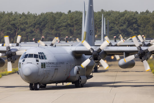 Eindhoven Netherlands sept. 20. 2019: Several C-130 Hercules aircraft enter the platform to pick up paratroopers for then Market Garden memorial and Falcon Leap exercise.