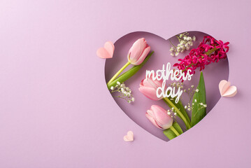 Mother's Day elegance inspiration. Top view vibrant tulips, hyacinth blooms, baby's breath, 