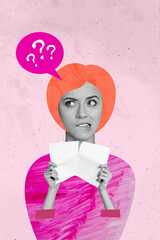 Vertical creative composite photo collage of minded focused puzzled woman tear paper sheet asking...