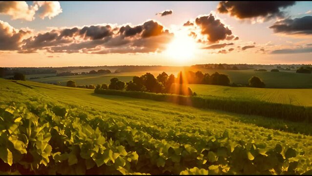 a sunset over a field of crops with the sun shining through the clouds and the sun shining through the leaves 