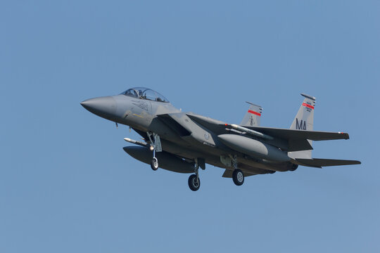 Leeuwarden, Netherlands April 18, 2018: A USAF F-15 of 104th Fighter Wing during the Frisian Flag exercise