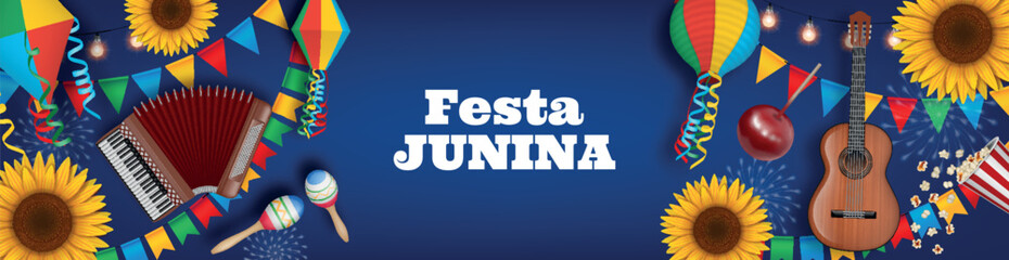 festa junina background with colorful lanterns, pennants and musical instruments. brazilian june festival banner	