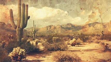 Landscape of the desert with Saguaro cacti. Photo in retro style.
