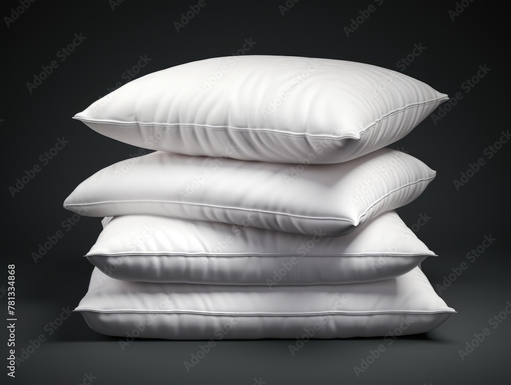 Poster a stack of white pillows on a table. the pillows are all the same size and are neatly stacked on top
