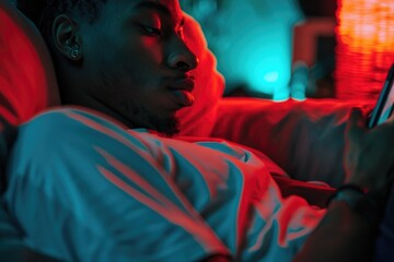 A man is lying on a couch with a cell phone in his hand. The room is dimly lit, and the man is focused on his phone. Scene is relaxed and casual