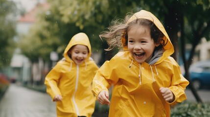 Fototapeta premium Two young girls are running in the rain, wearing yellow raincoats. They are smiling and enjoying the moment