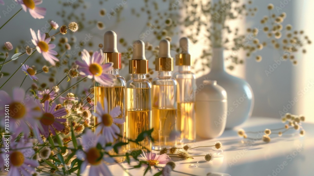 Poster a vase of flowers sits on a table with several bottles of perfume. the bottles are arranged in a row