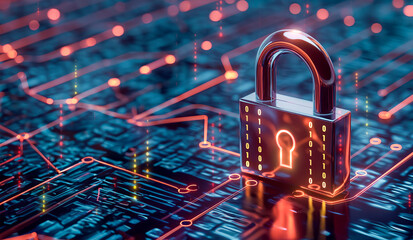 Neon-glowing lock on a digital data grid symbolizing secure cyber technology.