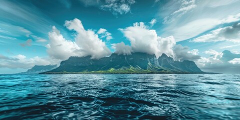 A beautiful blue ocean with a mountain in the background. The sky is cloudy, but the water is still calm - obrazy, fototapety, plakaty