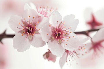 A close up of two pink flowers with yellow centers. The flowers are on a branch and are surrounded by a white background. Concept of beauty and serenity