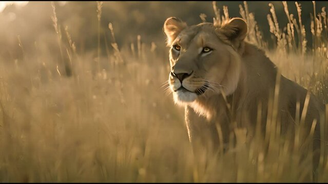 A slow camera push in on a lion in the tall grass. Cinematic, film