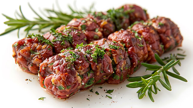 Braciole beef rolls garnished with parsley on a plate. Italian cuisine concept for design and print. Close-up food photography
