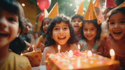 A group of young girls are gathered around a birthday cake with candles - Powered by Adobe