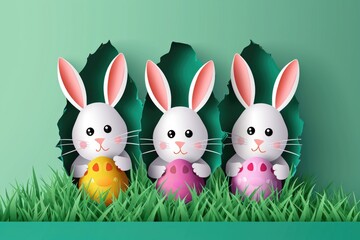 Three rabbits are sitting in a grassy field, each holding an Easter egg. The scene is cheerful and playful, with the rabbits looking up at the camera
