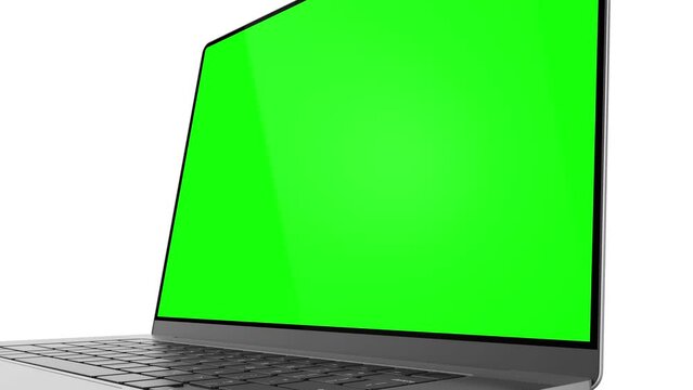 Laptop with frameless screen; camera close-up turn around display. Video has green screen, luma matte mask, and screen tracking layer. 60fps 4K UHD