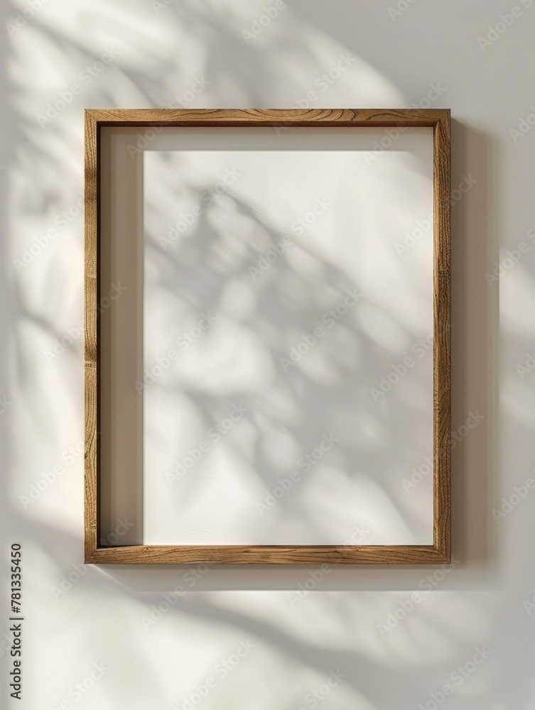 Poster a wooden frame with a white background and a shadow of a tree on it. the frame is empty and the shad