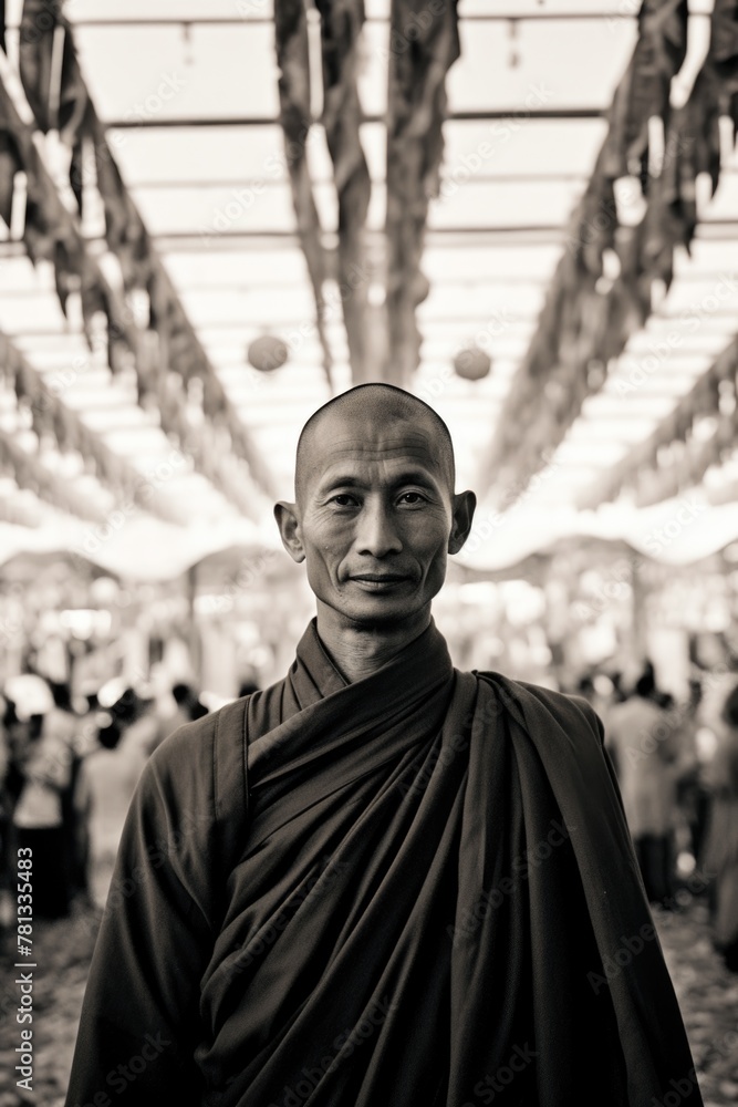 Aufkleber a man wearing a monk's robe stands in front of a crowd of people. he is smiling and he is happy