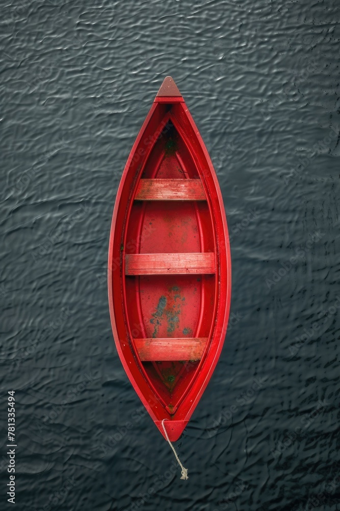 Poster a red boat is floating on the water. the boat is small and has a wooden frame. the water is calm and