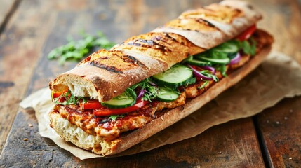 A long sandwich with a variety of vegetables and meat. The sandwich is on a wooden table. Scene is casual and inviting