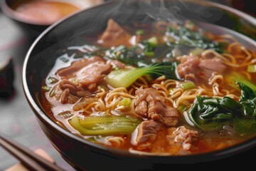 A bowl of soup with meat and vegetables. The soup is hot and steamy