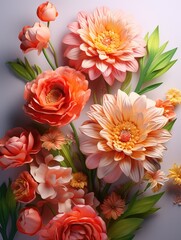 A bouquet of flowers with a pink and orange color scheme