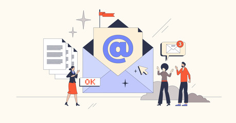 Email marketing campaigns with newsletters neubrutalism tiny person concept. Write letters with online business offers, advertising materials and digital correspondence vector illustration. - obrazy, fototapety, plakaty