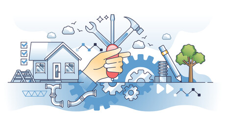 Handyman occupation with house maintenance or fix task outline hands concept, transparent background.Technical plumber, electrician or reconstruction work illustration.